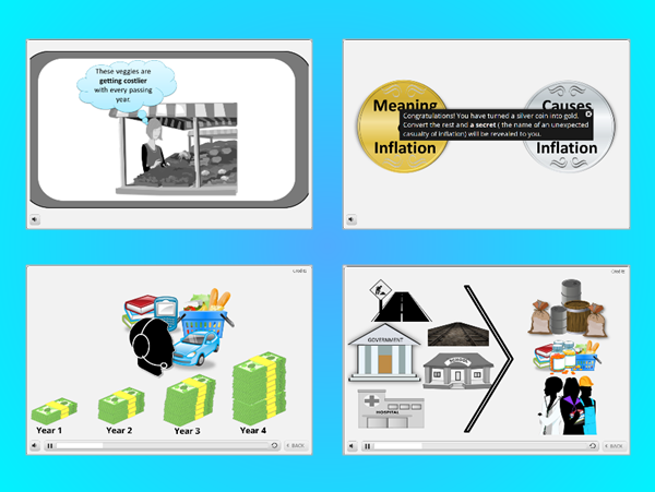 Animated elearning example screenshot showing conceptual images of inflation such currency note stack, government icon and infrastructure facilities icon