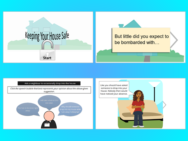 Interactive elearning example showing launch page, interactive screens, and scenario-based dialogue.