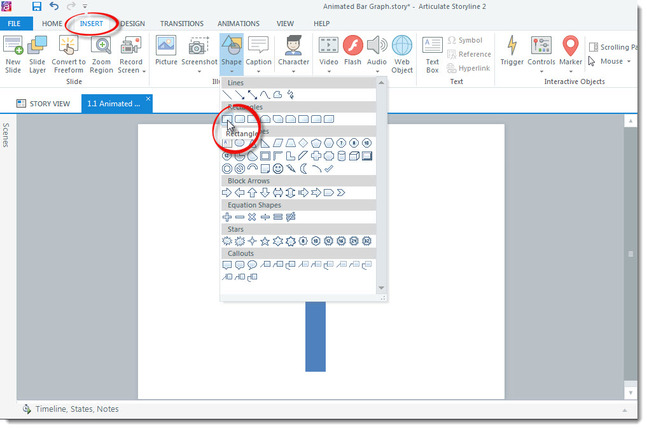 Articulate Storyline screenshot where Insert Tab is clicked, shape button clicked, and mouse pointer is over rectangle icon