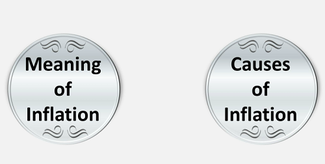 Two silver coins displaying words Meaning of Inflation and Causes of Inflation respectively