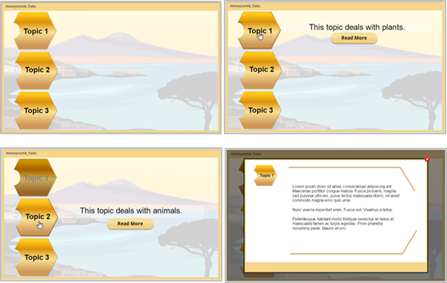 SElearning storyline template showing 3 nature-themed tabs, names of sub-topics, ‘Read More’ button, and a light box slide.