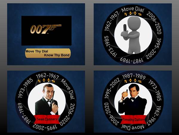 4 images, landing page showing James Bond's gun, Articulate Storyline's dial, Sean Connery, Timothy Dalton