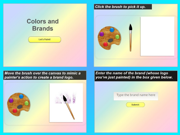 Interactive elearning example showing launch page, paint brush, color palette, white paper, Articulate Storyline buttons