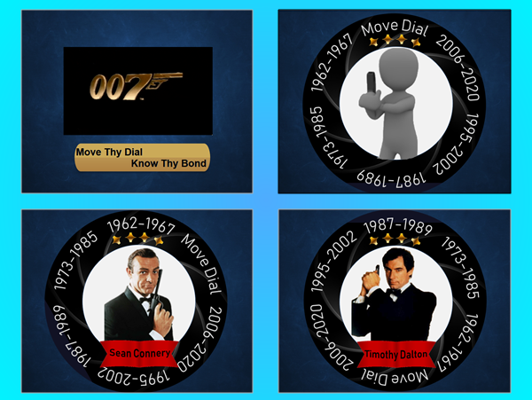 Interactive timeline elearning example showing menu page, launch page showing James Bond icon and timeline of James Bond actors Sean Connery, Timothy Dalton.