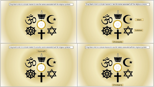 Template showing religious symbols, interactive dial and names of religions when dial aligns with the respective religious symbol