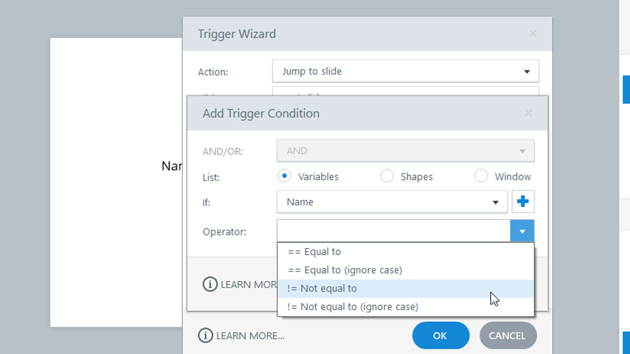 Trigger Panel of Articulate Storyline
